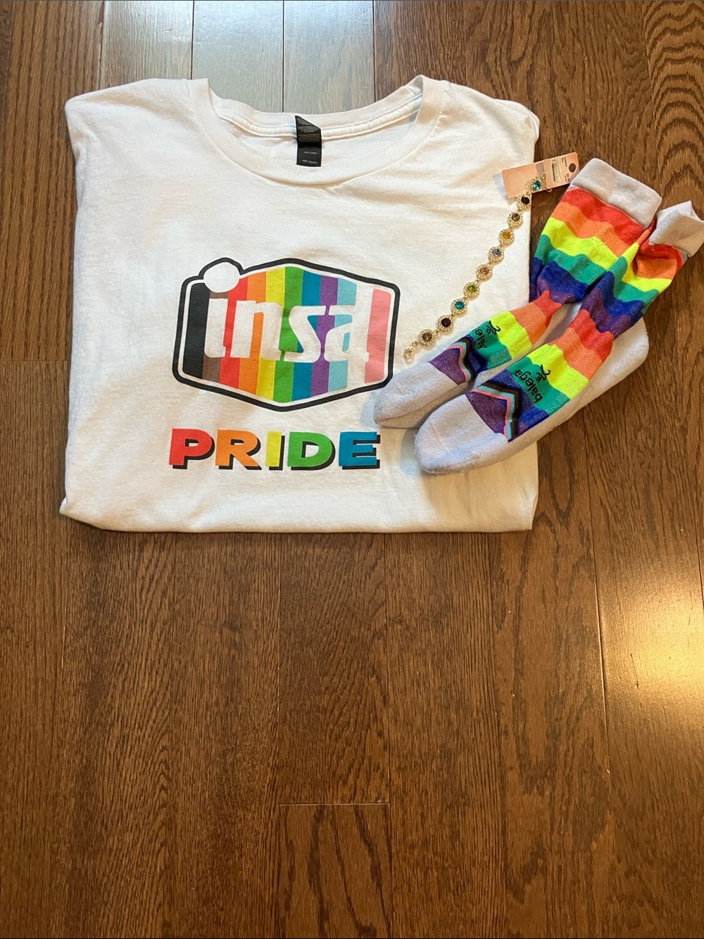 White Tee with Rainbow PRIDE Logo PLUS..FREE socks & bracelet!!! :) :) :)
